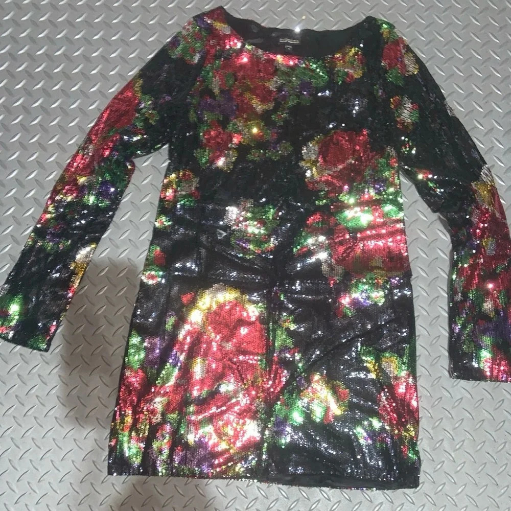 Express sequin sheath dress holiday shift floral winter party formal Y2K